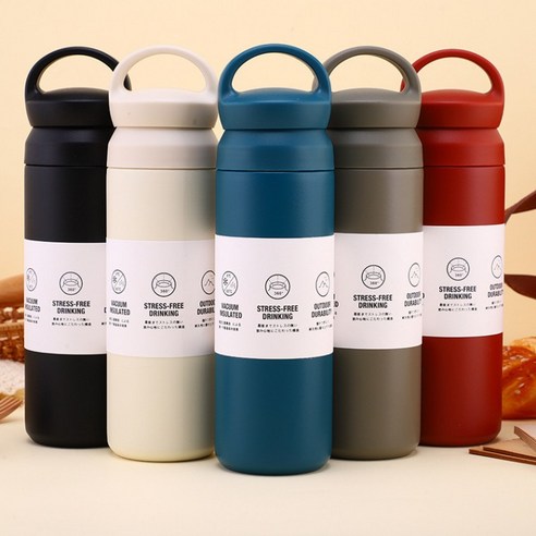 바인츠 손잡이 보온병 스테인레스 보냉 물병 이중 텀블러, 블랙, 500ml, 1개