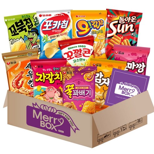 메리박스 봉지스낵 세트 10호{꿀꽈배기+고구마깡+감자깡+자갈치+새우깡+썬칩+꼬북칩+오감자+포카칩+꼬깔콘}+메세지카드