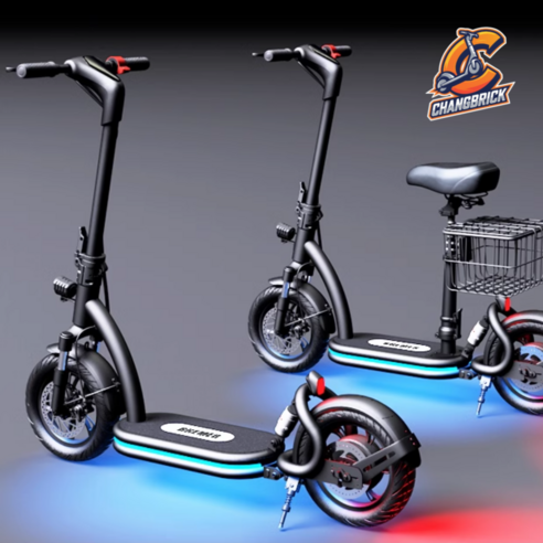 창브릭 LED 안전등 전동 킥보드 – 전기 앉아서 타는 접이식 모델, 리튬 배터리 48V 18A, 80-100km 주행 가능, 블랙, 1개 킥보드안장