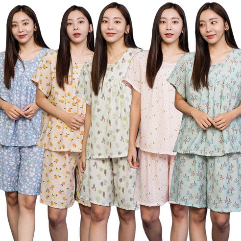 이라인 인견 리프블루 민트팜트리 핑크덴덜 옐로우텐저린 캐터스그린 여성 반팔 인견잠옷 상하세트