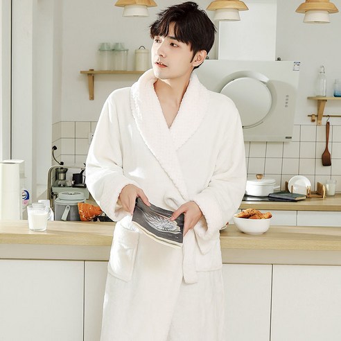 DFMEI-Y 잠옷 여성의 가을과 겨울 긴 산호 양털 플러스 벨벳 두꺼운 커플 목욕 가운 플란넬 남자 잠옷 겨울 홈 착용, {"패션의류/잡화 사이즈":"M 적합 [160cm -120kg]"}, DFMEI 화이트 [] 스티치 플란넬