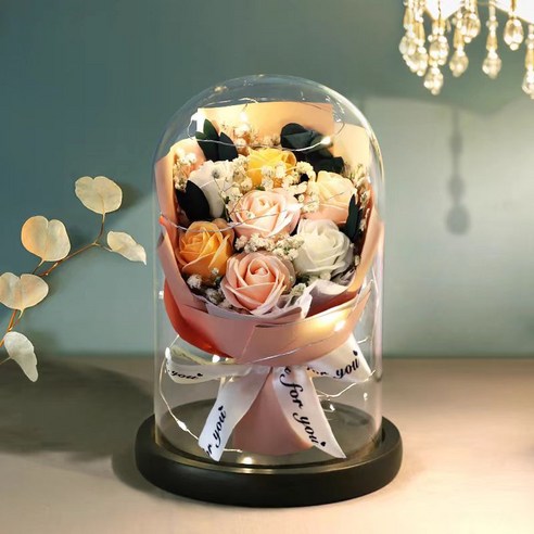 장미 꽃다발 LED 무드등 유리 덮개 장식품 시들지 않는 꽃 조화 꽃다발, 1개, 컬러 로즈12x20cm