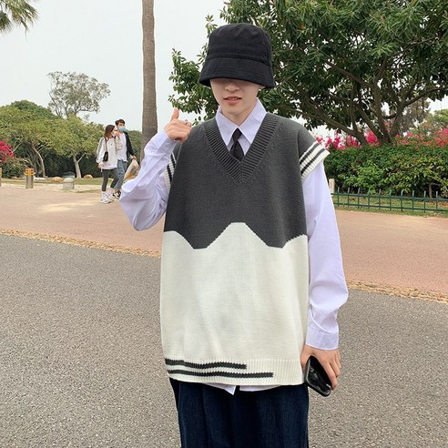 봄 가을 스웨터 조끼 남 ins 슬리브 브이넥 브이넥 한국어 패션 홍콩 캐주얼 베이스 루즈핏 조끼 니트