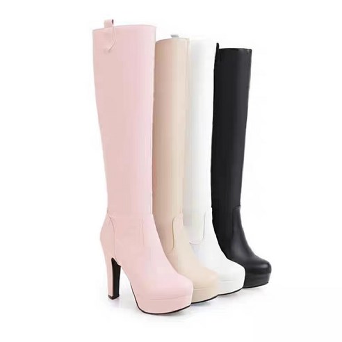 핑크 베이지 12cm 하이힐 둥근 가보시 니하이 롱부츠는 빅사이즈로 다양한 체형의 분들이 착용할 수 있으며, 겨울용으로 디자인된 따뜻하고 편안한 신발입니다.