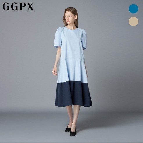 GGPX 핀턱 소매 컬러 배색 밑단 A라인 원피스 GO5OP102F