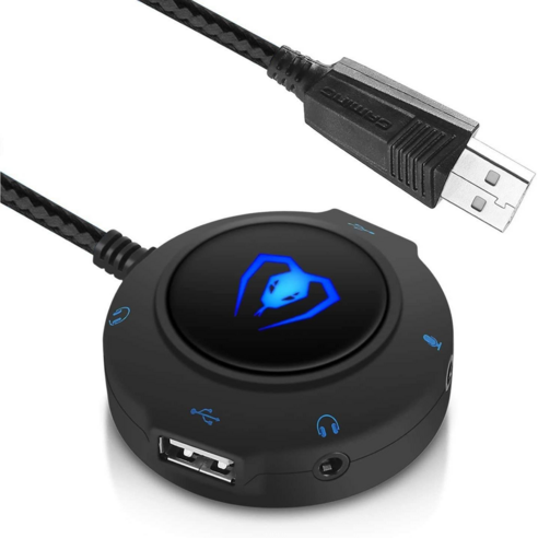 Micolindun 외장 사운드카드 USB 허브 오디오 어댑터 USB 포트와 3.5mm 오디오 마이크로 플러그인 PC 노트북에 적용 바로사용하기 (파란색), 블루