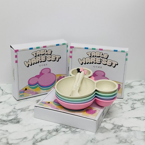 [1+1] 미키마우스 식판 + 수저 세트 간식 어린이 나눔 접시 유아 핑크 + 민트, 1세트