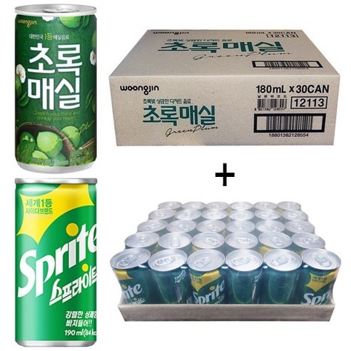 웅진 초록매실 180ml(30캔) + 스프라이트 190ml(30캔), 60개, 180ml