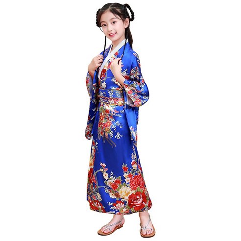 어린이 일본 전통 기모노 유카타 개량 의상 민속 한복 치마 드레스 롱 스커트 차이나 코스프레 자수 동양 플라워 T-1087