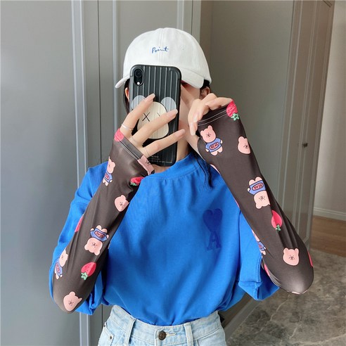 DFMEI 스마일 썸머 여자 아이스 슬리브 커버 암 선셋 캐릭터 드라이빙 인스 아이스 슬리브, DFMEI 흑딸기곰(아이스)
