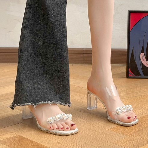 ANYOU 여성 샌들 단화 발편한 내마모 투명 여름 슬리퍼 하이힐7cm
