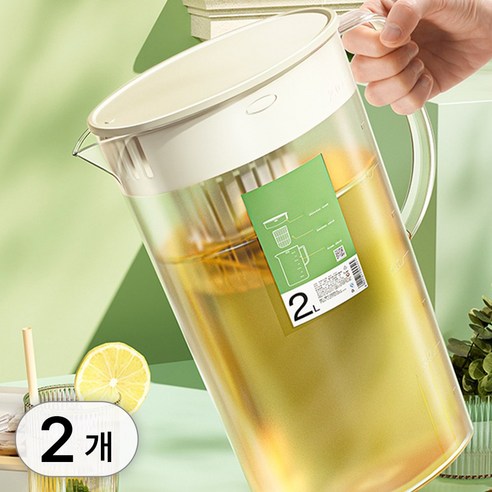투데이리빙 1+1 2리터 티망 물병 2중 차거름망 냉장고 물통 보온 보냉 티팟 보틀 가정용 티백망 냉수병 보리차 음료 워터 포트, 2개, 2L, R98611M(베이지