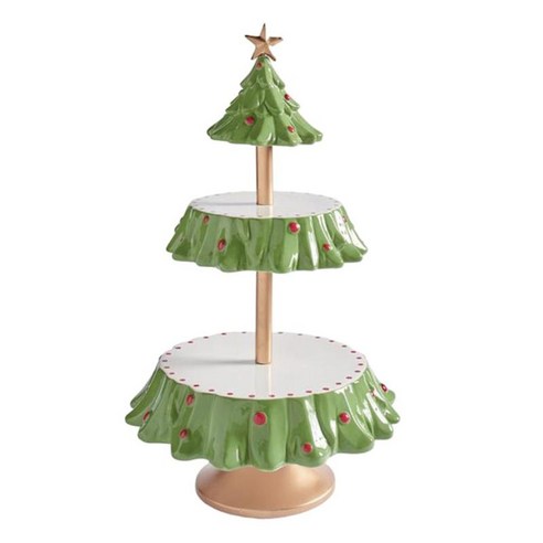 크리스마스 트리 스낵 랙 디저트 테이블 더블 레이어 과일 플레이트 장식 기념일 결혼식 휴일 축제, 17.5x34cm., 수지, 녹색