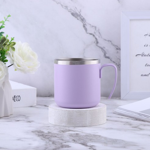 새로운 스테인레스 스틸 마크 절연 커피 컵 홈 오피스 절연 컵 창조적 인 핸들 미니 컵, 350ml, 연보라