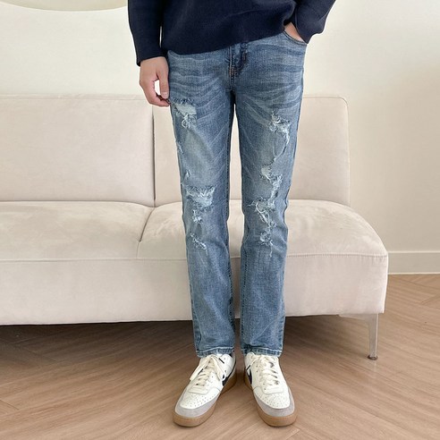 루나진 남성 찢청 디스트로이드 슬림 일자 스판 청바지