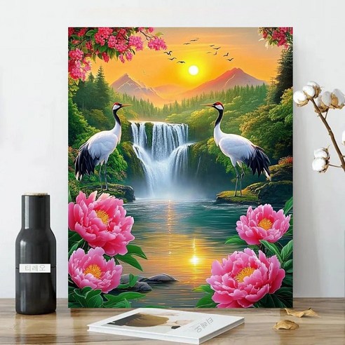 보석십자수 캔버스형 원형비즈십자수 DIY키트 40x50cm 3D 대형 선물용 재물 객실 풍수 인테리어, 1세트, 03 두루미 모란 폭포