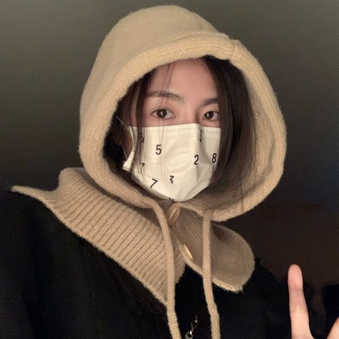 하루연구소 여성 후드 니트 모자 바라클라바 겨울모자 방한 넥워머, 베이지, 1개