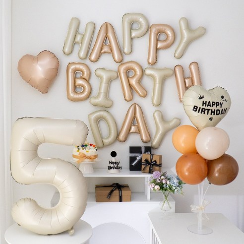 지에이엠 럭스 크림베이지 숫자 호일풍선 생일레터링 시트지 생일 파티용품 세트, 1세트, 숫자5번