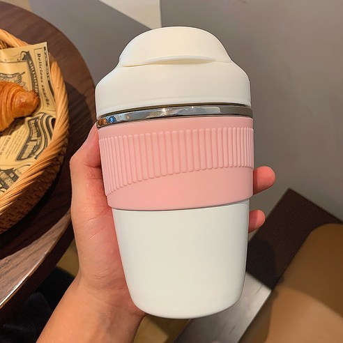 더블 음료 진공 보온컵 여자 물컵 휴대용 벨트 빨대 밀크티 컵 망홍 귀요미 커피잔 트렌드 H42, 백색, 480ml