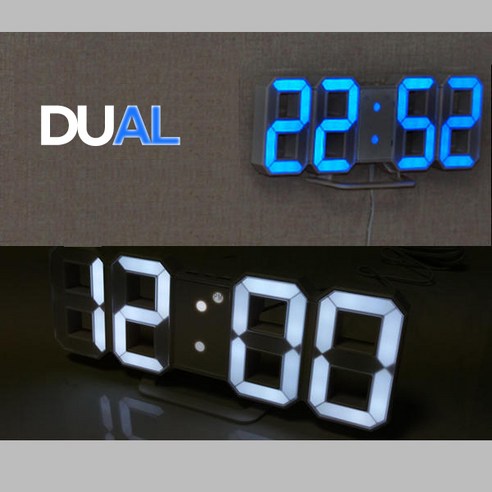 브래뉴 듀얼 무소음 LED 벽시계+어댑터포함- 탁상시계 디지털 전자 시계, 듀얼(화이트+블루 겸용)불빛