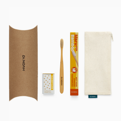 [T&J] Dr.NOAH 닥터노아 베이직 세트-마루 대나무칫솔 콤팩트 1개(하양모)/오리지널 고체치약 1개(30정)/휴대용 파우치 1개/크래프트 반달 패키지, 1개