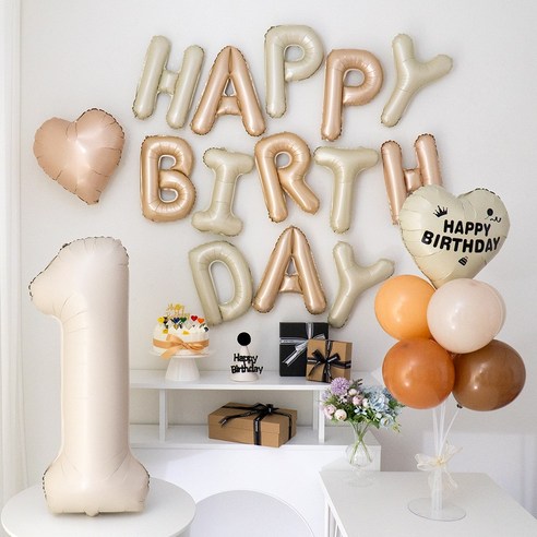지에이엠 럭스 크림베이지 숫자 호일풍선 생일레터링 시트지 생일 파티용품 세트, 1세트, 숫자1번