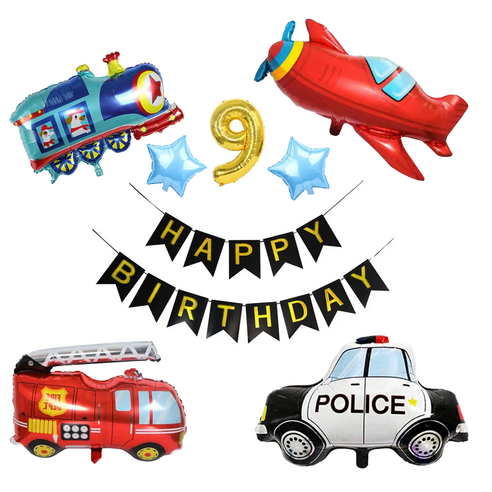 파파 파티 소방차 경찰차 자동차 비행기 생일 가랜드 숫자 풍선 세트, 1세트, 가랜드+숫자 9