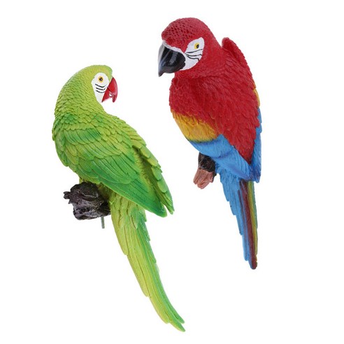 2 조각 인공 앵무새 깃털 무리를 짓는 새 입상 동물동상 실내 및 야외 장식 - 그린 & 레드, 다색, 설명, 수지
