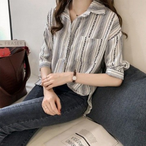 KORELAN 가을 여성 스트라이프 셔츠 여칠부 빅 사이즈 루즈핏 상의 코디셔츠