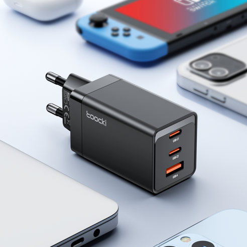 Toocki GaN 67W PPS PD.3.0 c타입 3포트 멀티 초고속 충전기 어댑터 CtoC타입 100w 초고속 충전케이블, 1개, 블랙