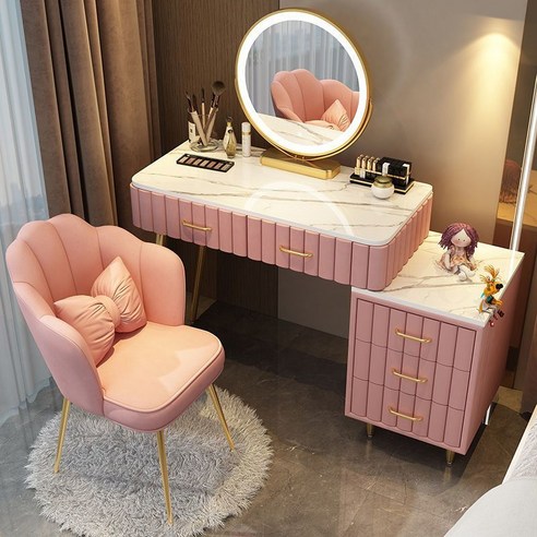 남쪽나무 공주화장대 LED 조명 학생 거울 원룸 화장대, 분홍색 + 스마트 거울 + 수납장 + 의자(I), 80cm