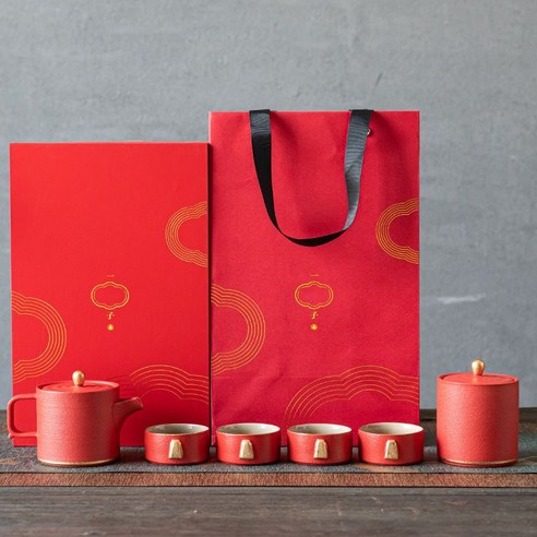 4 컵 비즈니스 선물 로고 의 금과 축제 빨간 냄비와 석기 선물 상자 차 세트 세트, 빨강 냄비 1개, 컵 4개, 캔 1개(선물 상자)