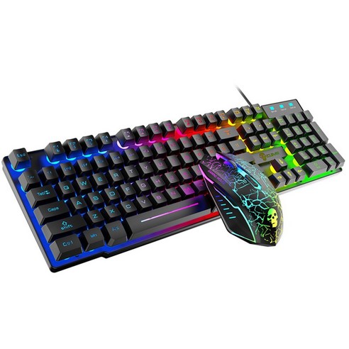 YJQ 2022 게이밍 키보드 RGB 백라이트 키보드 USB 유선 게이밍 마우스 세트 키보드 마우스 키트 게이머 인체 공학적 기계적 느낌 PC 용, Black, 하나