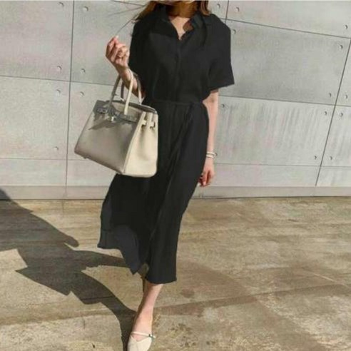 데일리원핏 여름 롱원피스 린넨 반팔 카라넥 허리끈 원피스