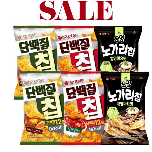 롯데 노가리칩 청양마요맛 2개 + 오리온 단백질칩 버터구이오징어맛 2개 + 칠리살사맛 2개 60g (총6개), 1세트, 360g