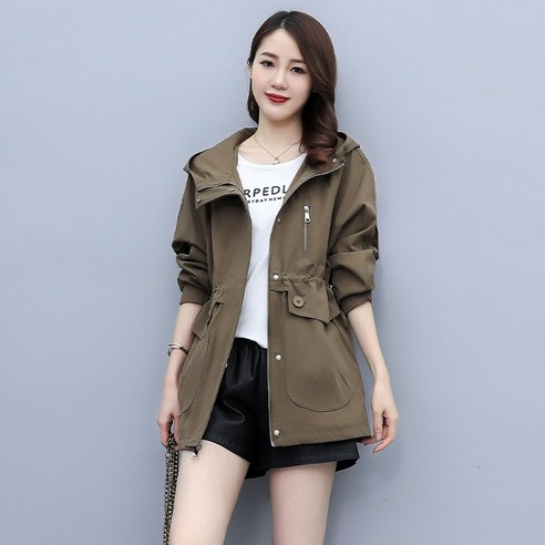 DFMEI 여성 중간 길이 재킷 가을 새로운 한국어 스타일 허리 꽉 슬리밍 여성 작업복 후드 코트