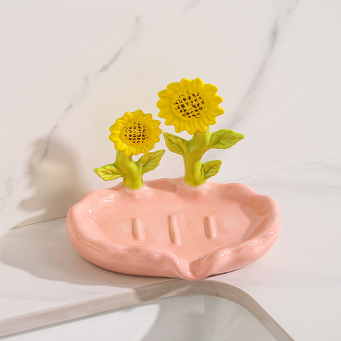 라플렌느 꽃 시리즈 물빠짐 비누받침대 세라믹 비누거치대, 해바라기핑크, 1개