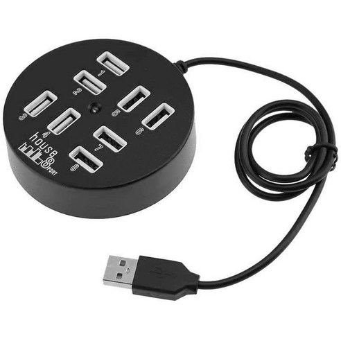 USB 허브 2.0 라운드 8 포트 스플리터 고속 허브 USB 충전기 어댑터 교체 LED, {"수량":"검정"}