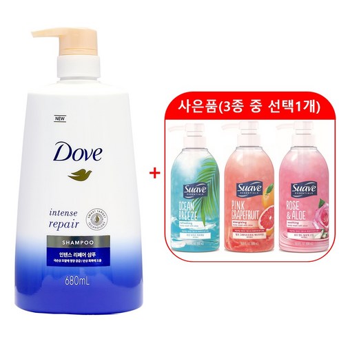 도브 인텐스 리페어 샴푸 680ml + 수아브 바디워시 500ml + A02 도브 인텐스 샴푸 680ml + 수아브 핑크 1개 도브바디워시