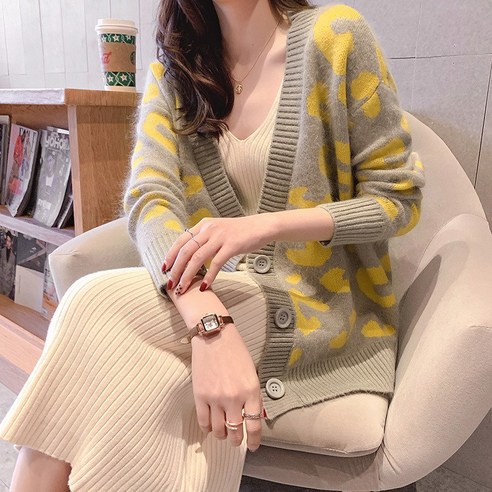 2021 봄과 가을 새로운 게으른 스타일 표범 인쇄 스웨터 여성 코트 한국 스타일 느슨한 니트 카디건 겉옷 유행 탑