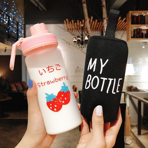 [LM] 500ml 플라스틱 물병 투명/반투명 병 귀여운 물병 카톤 딸기 물병 전화 스탠드 휴대용, 20_500ml