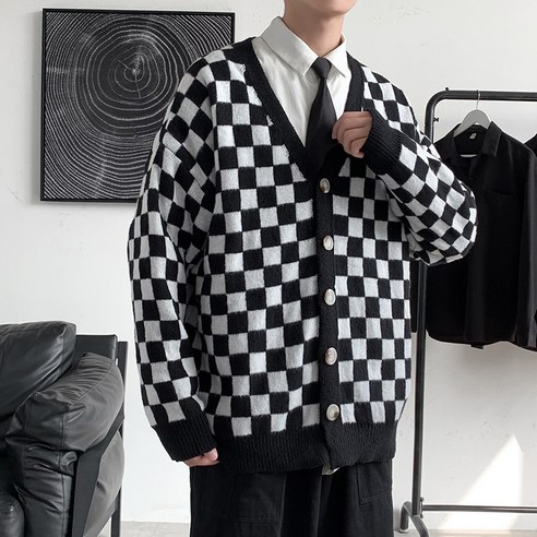 DFMEI 카디건 스웨터 코트 남자 가을 겨울 홍콩 스타일 컬러 매칭 스웨터 한국식 느슨한 스웨터