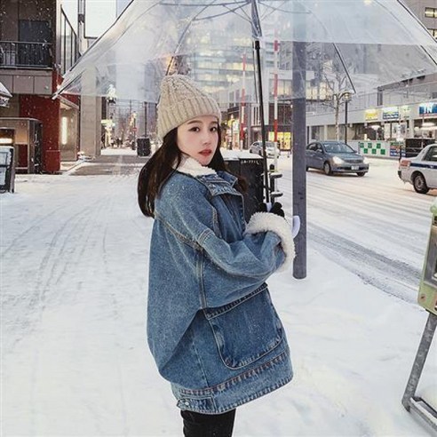 KORELAN양털 데님 코트 여자 가을 겨울