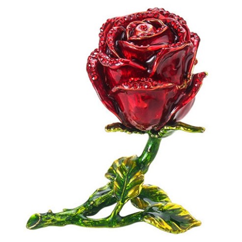 Deoxygene 크리 에이 티브 합금 장미 꽃 보석 보관 상자 주최자 홀더 장식 가짜 다이아몬드 반지 귀걸이 케이스 레드, 1개, 빨간색