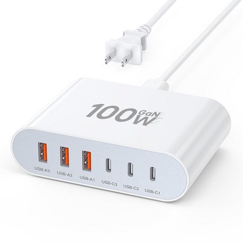 USB C 고속 충전기 100W GaN 컴팩트 6 포트 USB C 충전 스테이션 허브, White