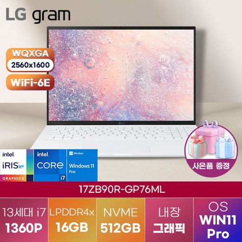 LG전자 윈도우11 LG gram 17ZB90R-GP76ML 엘지그램 가벼운 노트북 가성비 노트북, WIN11 Pro, 16GB, 512GB, 코어i7, 화이트