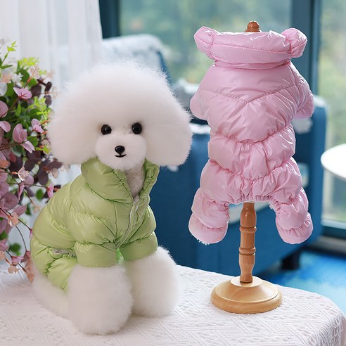 겨울 강아지 펫웨어 겨울 두꺼운 펫웨어 가을 겨울 따뜻한 강아지 옷 소프트 패딩 하네스 올인원 점퍼 도그아이 반려견 개나다구스 패딩, 밝은 녹색 두꺼운 벨벳 4 피트, XS