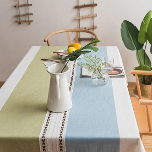 집안 분위기 확바꾸어 주는 예쁜 북유럽 린넨 레이스 식탁보 식탁커버 테이블보 테이블커버, 4인용(180*130cm), 하늘색-녹색