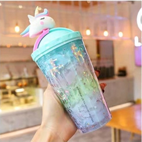 크리에이티브 유니콘 아이스컵 러블리 시크 물컵 그라데이션 스무디 컵, 푸르스름하다_450ml