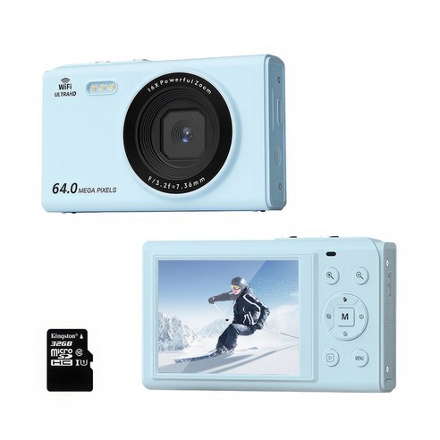 RUN기술 WIFI 6400W 픽셀 HD 디지털 카메라+32GB 메모리카드, 블루